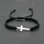 Black braided bracelet with stainless steel cross