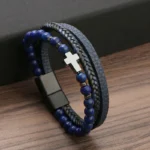 Cross bracelet in blue stone and imitation leather for men