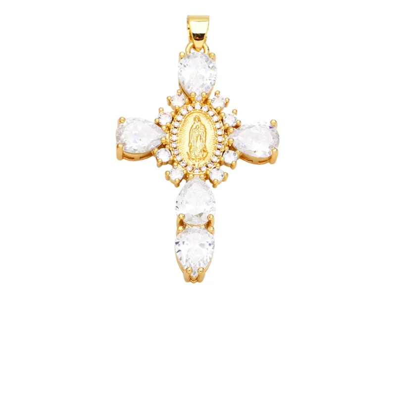 Virgin Mary cross pendant in gold-plated metal with white stones