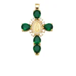 Virgin Mary cross pendant in gold-plated metal with green stones