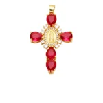 Virgin Mary cross pendant in gold-plated metal with red stones