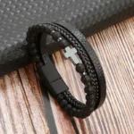 Cross bracelet in lava stone and imitation leather for men