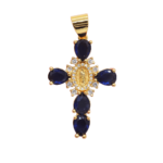 Virgin Mary cross pendant in gold-plated metal set with blue stones