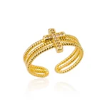 Gold-plated openwork cross ring inlaid with zircon