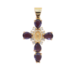 Virgin Mary cross pendant in gold-plated metal with purple stones